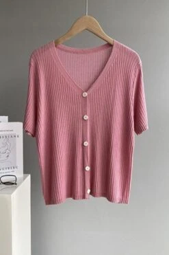 [Korean Style] V-neck Solid Color Short Sleeve Rib Knit Top -Layer Outfit 28127858425927 16