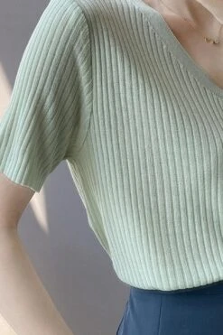 [Korean Style] V-neck Solid Color Short Sleeve Rib Knit Top -Layer Outfit 28127858458695 4