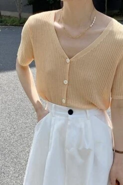 [Korean Style] V-neck Solid Color Short Sleeve Rib Knit Top