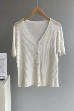 [Korean Style] V-neck Solid Color Short Sleeve Rib Knit Top -Layer Outfit 28127858556999 18
