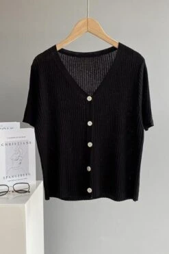 [Korean Style] V-neck Solid Color Short Sleeve Rib Knit Top -Layer Outfit 28127858589767 19