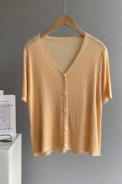 [Korean Style] V-neck Solid Color Short Sleeve Rib Knit Top -Layer Outfit 28127858622535 15