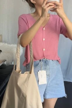 [Korean Style] V-neck Solid Color Short Sleeve Rib Knit Top -Layer Outfit 28155834695751 7