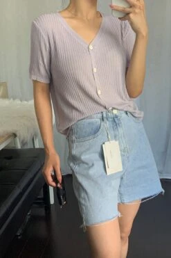 [Korean Style] V-neck Solid Color Short Sleeve Rib Knit Top -Layer Outfit 28155834728519 13