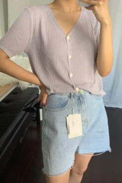 [Korean Style] V-neck Solid Color Short Sleeve Rib Knit Top -Layer Outfit 28155834761287 12