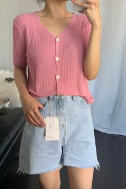 [Korean Style] V-neck Solid Color Short Sleeve Rib Knit Top -Layer Outfit 28155834794055 9