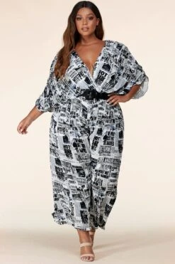Plus Newsprint Pleated Jumpsuit -Layer Outfit 28223645122673 7