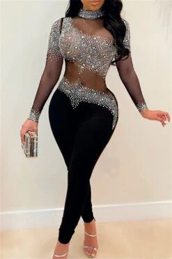 Net Yarn Splicing Hot Drilling Stand-Up Collar Sheer Jumpsuit -Layer Outfit 28258212511802 3