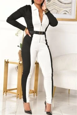 Color Splicing Zipper Front Shirt Jumpsuit