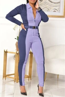 Color Splicing Zipper Front Shirt Jumpsuit -Layer Outfit 28262205489210 4