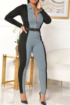 Color Splicing Zipper Front Shirt Jumpsuit -Layer Outfit 28262205620282 5