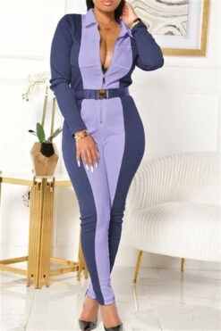 Color Splicing Zipper Front Shirt Jumpsuit -Layer Outfit 28262206079034 9