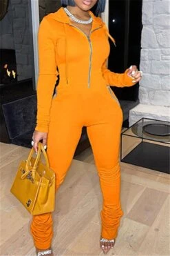 Causal Solid Color Zipper Pocket Hooded Jumpsuit