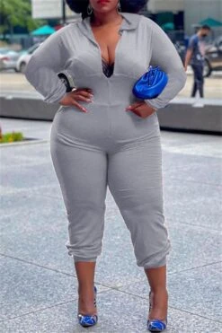 Plus Size XL-5XL Hooded Zipper Pocket Jumpsuit