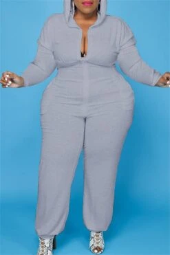 Plus Size XL-5XL Hooded Zipper Pocket Jumpsuit -Layer Outfit 28321588936762 9
