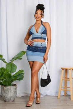 Denim Color Block Halter Crop Top & Mini Skirt SET -Layer Outfit 28338647990353 8