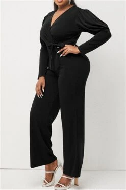 Puff Sleeve Wide-Leg Wrap Jumpsuit -Layer Outfit 28360322777146 5