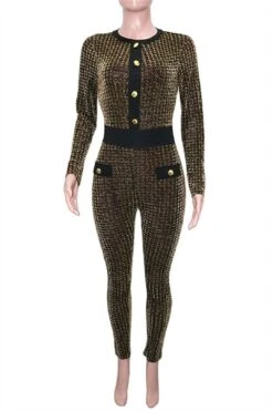 Houndstooth Metallic Jacquard Contrast Slim Fit Jumpsuit -Layer Outfit 28370940592186 5