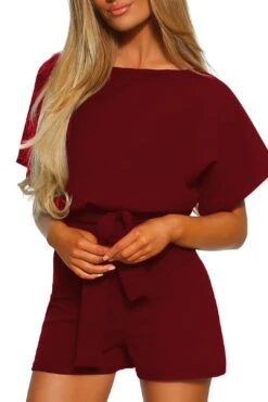 LookbookStore Women Casual Short Sleeves Self-Tie Belted Short Romper Jumpsuits