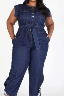 Plus Sleeveless Button Down Denim Jumpsuit With Pockets -Layer Outfit 28413792354483 3