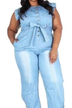 Plus Sleeveless Button Down Denim Jumpsuit With Pockets