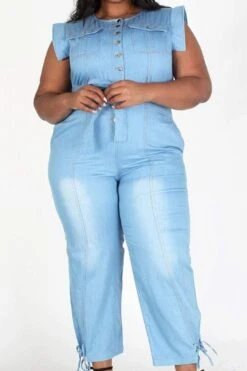 Plus Sleeveless Button Down Denim Jumpsuit With Pockets -Layer Outfit 28413792420019 10