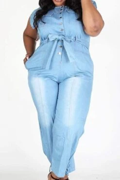 Plus Sleeveless Button Down Denim Jumpsuit With Pockets -Layer Outfit 28413792452787 18