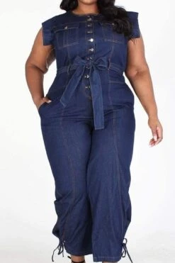 Plus Sleeveless Button Down Denim Jumpsuit With Pockets -Layer Outfit 28413792485555 6