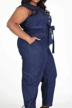 Plus Sleeveless Button Down Denim Jumpsuit With Pockets -Layer Outfit 28413792518323 9