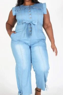 Plus Sleeveless Button Down Denim Jumpsuit With Pockets -Layer Outfit 28413792583859 11