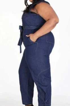 Plus Sleeveless Button Down Denim Jumpsuit With Pockets -Layer Outfit 28413792649395 13