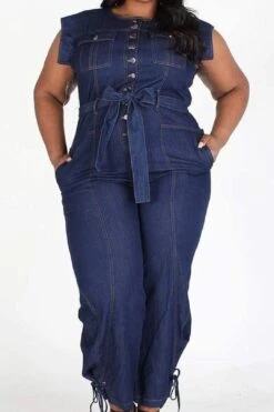 Plus Sleeveless Button Down Denim Jumpsuit With Pockets -Layer Outfit 28413792682163 4