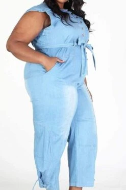 Plus Sleeveless Button Down Denim Jumpsuit With Pockets -Layer Outfit 28413792714931 19