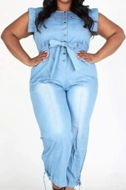 Plus Sleeveless Button Down Denim Jumpsuit With Pockets -Layer Outfit 28413792747699 15