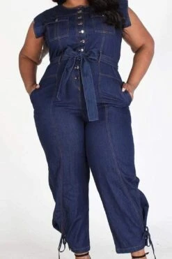 Plus Sleeveless Button Down Denim Jumpsuit With Pockets -Layer Outfit 28413792780467 7