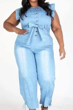 Plus Sleeveless Button Down Denim Jumpsuit With Pockets -Layer Outfit 28413792813235 16
