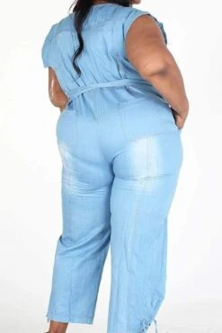 Plus Sleeveless Button Down Denim Jumpsuit With Pockets -Layer Outfit 28413792878771 20