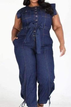 Plus Sleeveless Button Down Denim Jumpsuit With Pockets -Layer Outfit 28413792911539 5