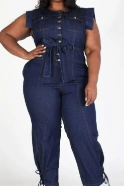 Plus Sleeveless Button Down Denim Jumpsuit With Pockets -Layer Outfit 28413792944307 8