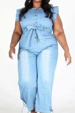 Plus Sleeveless Button Down Denim Jumpsuit With Pockets -Layer Outfit 28413793140915 17