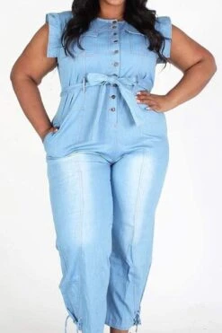 Plus Sleeveless Button Down Denim Jumpsuit With Pockets -Layer Outfit 28413793173683 14
