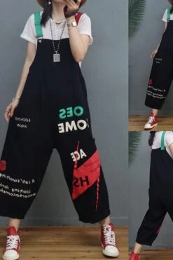 Denim Hole Letter Women Casual Pocket Jumpsuits Dungarees