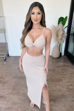 Zoey Ribbed Skirt Set(Beige)