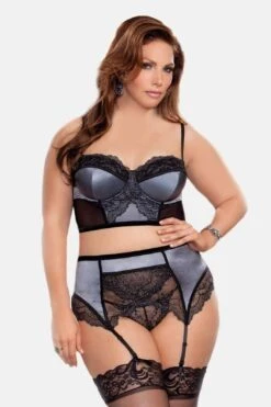 ATHENA Satin & Lace Bra + Garter Set In Gray-Black