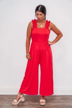 All In Love Coral Ruffle Strap Jumpsuit