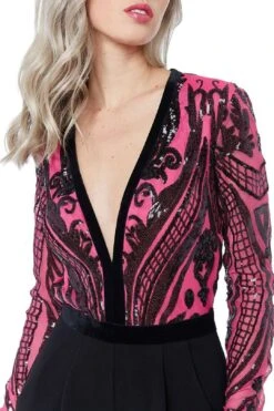 Deep V Neck Sequin Embroidered Jumpsuit -Layer Outfit 28504636522632 10