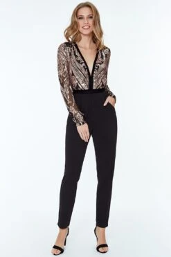 Deep V Neck Sequin Embroidered Jumpsuit