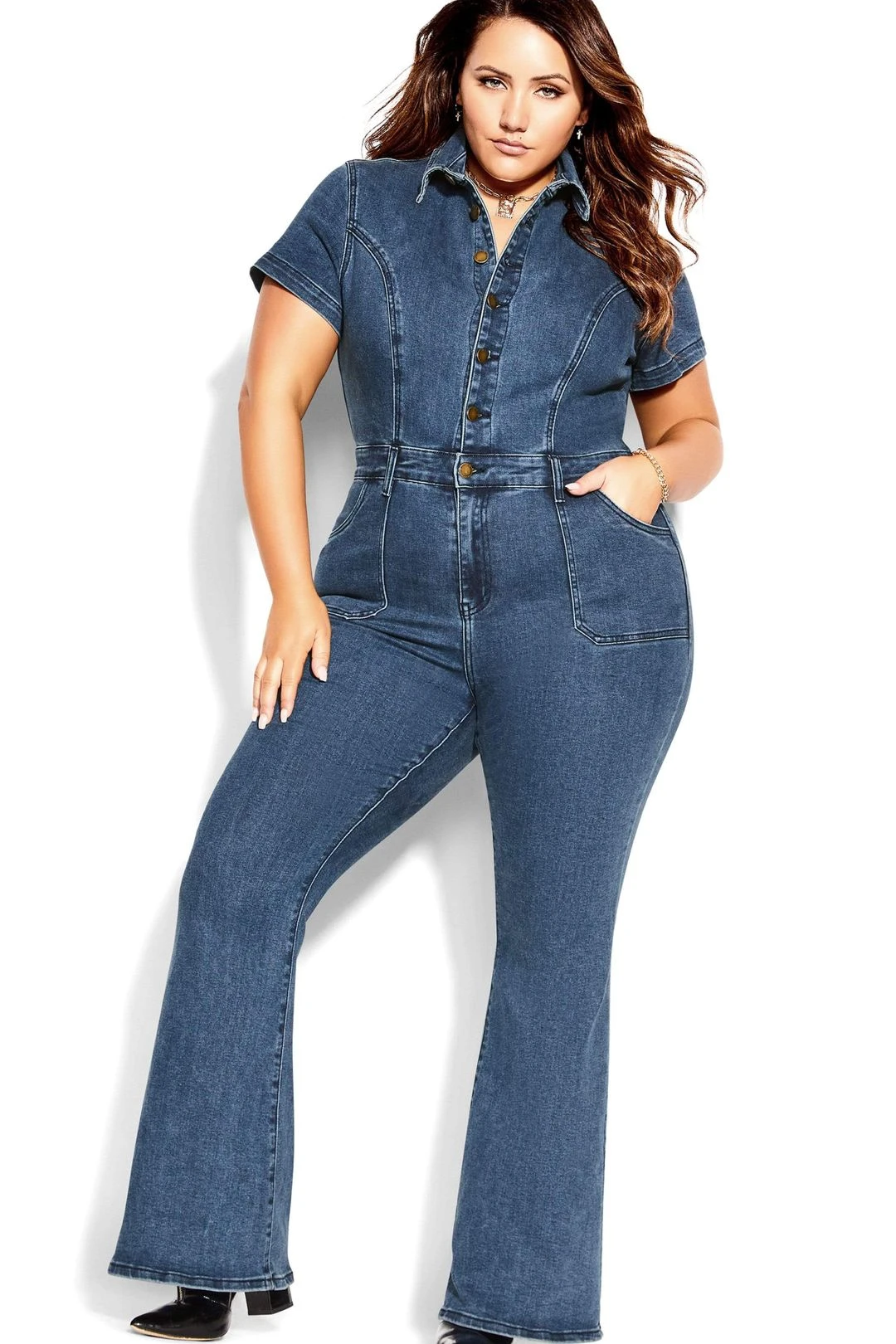 Denim Flare Jumpsuit - Mid Denim 3 Denim Flare Jumpsuit - Mid Denim