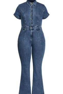 Denim Flare Jumpsuit - Mid Denim 8 Denim Flare Jumpsuit - Mid Denim -Layer Outfit 28507346960502 3