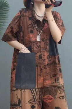 Women Vintage Letter Patchwork Pocket Short Sleeve Jumpsuits -Layer Outfit 28528399843390 4